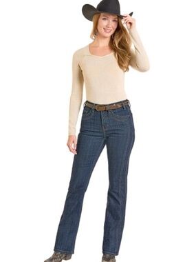 Front Detail High Rise Boot Cut Jeans, 32" Long Rock & Roll Denim